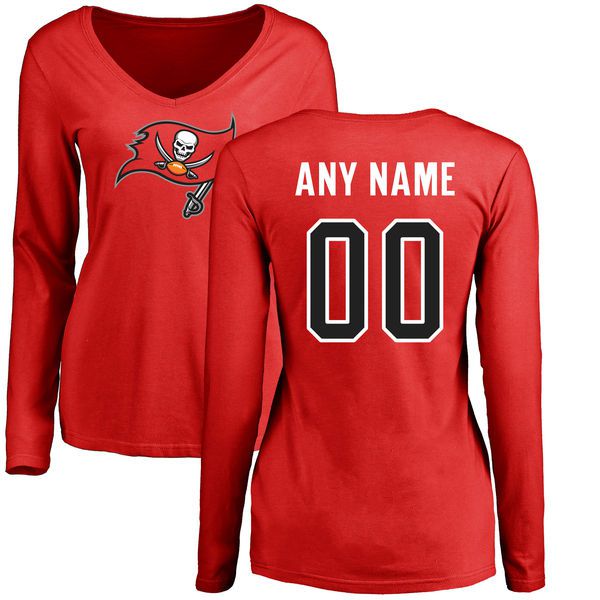 Women Tampa Bay Buccaneers Red Any Name and Number Logo Slim Fit Long Sleeve Custom NFL T-Shirt->->Sports Accessory